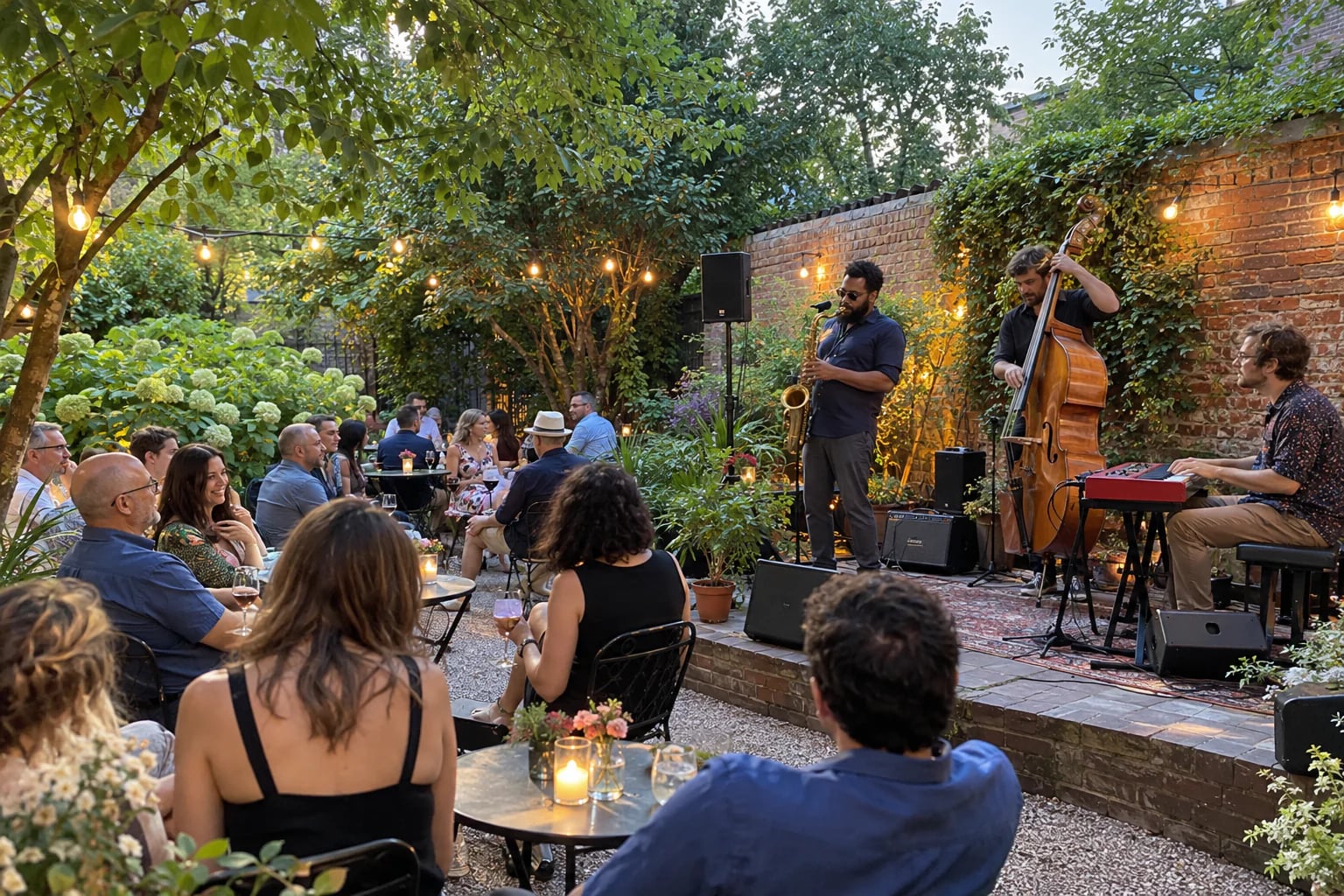 A jazz trio playing in a leafy garden courtyard while guests gather at small tables