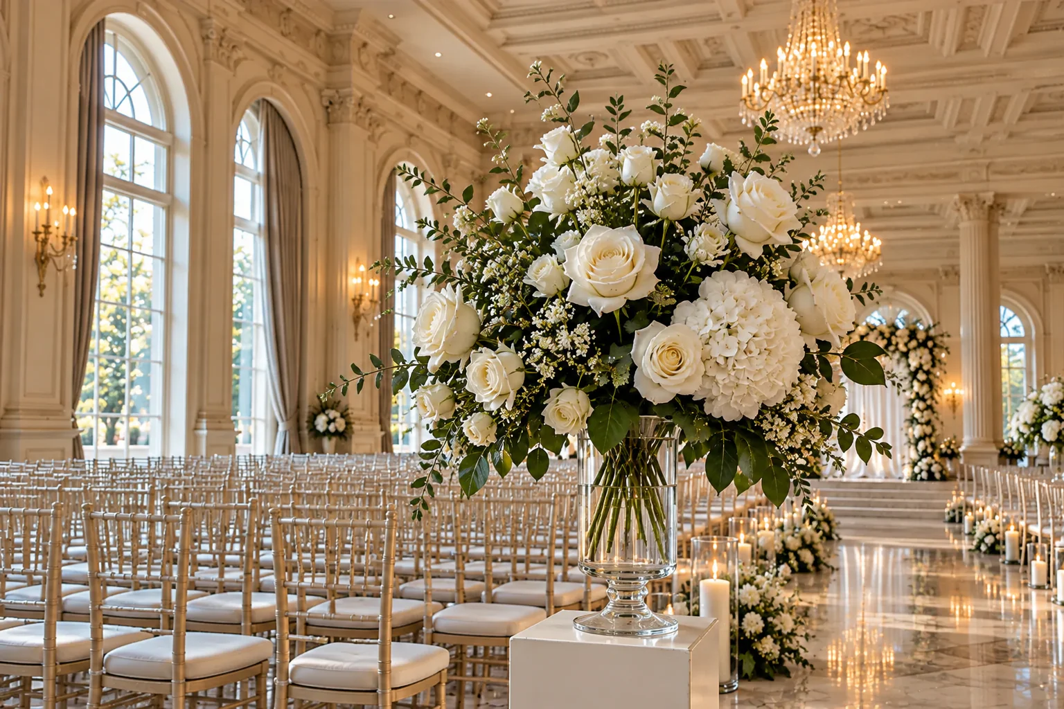 White roses and hydrangeas in a tall glass vase inside the wedding ballroom