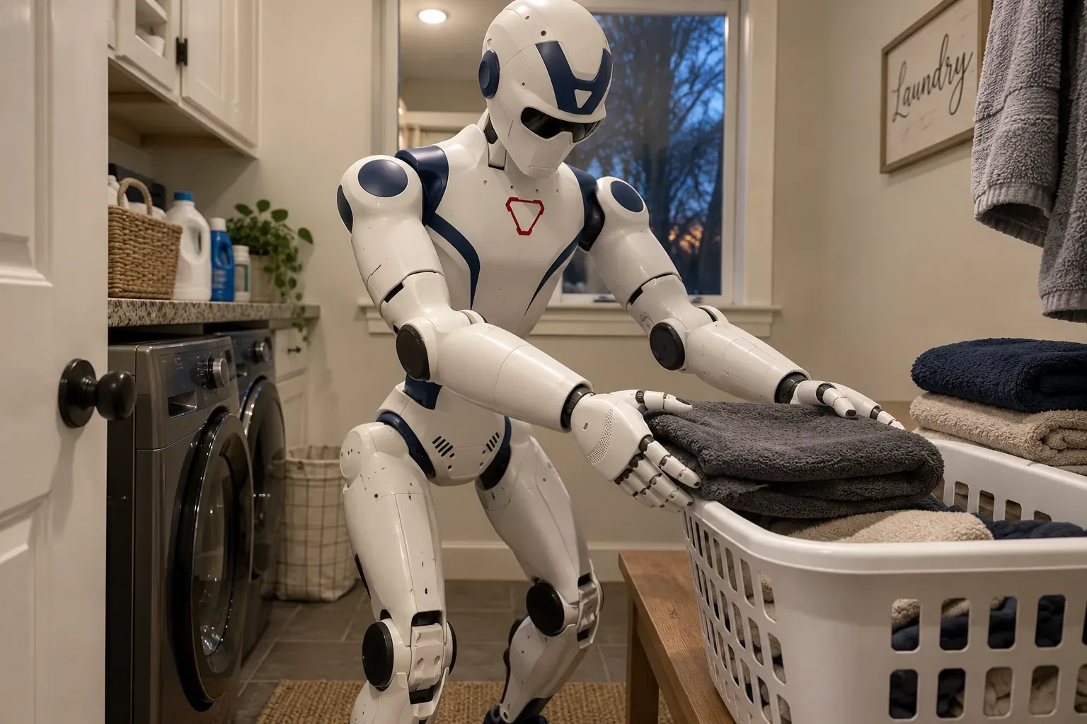 A Stints concept image of a humanoid robot stacking folded towels in a laundry basket
