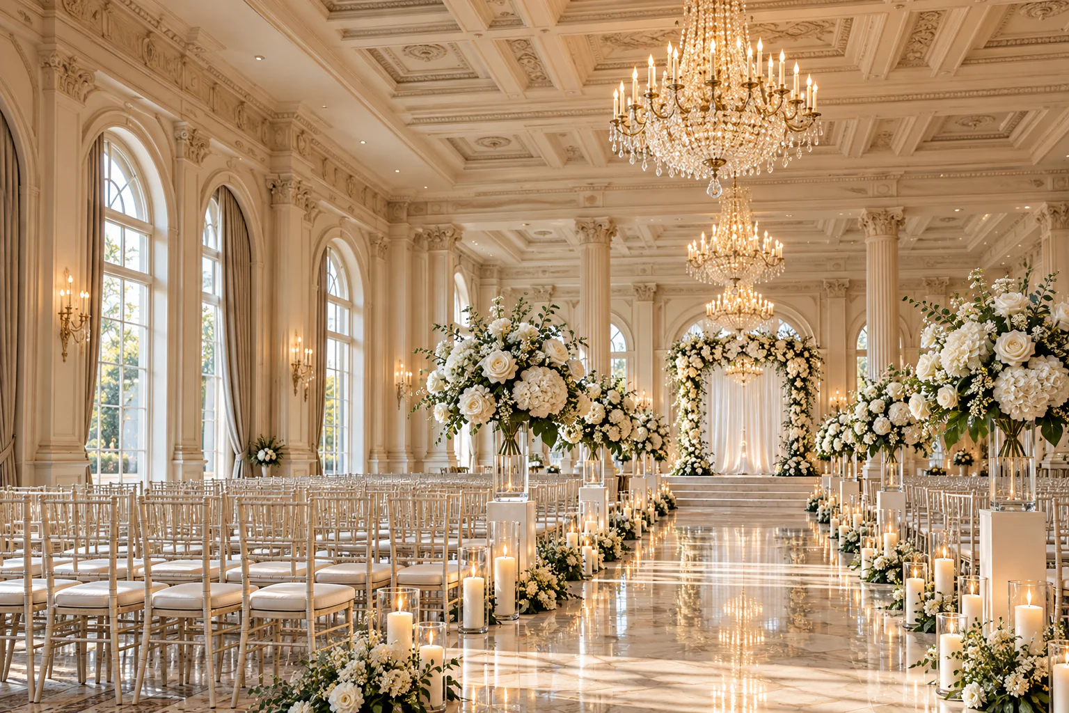 An elegant wedding ballroom with crystal chandeliers and a flower-lined aisle