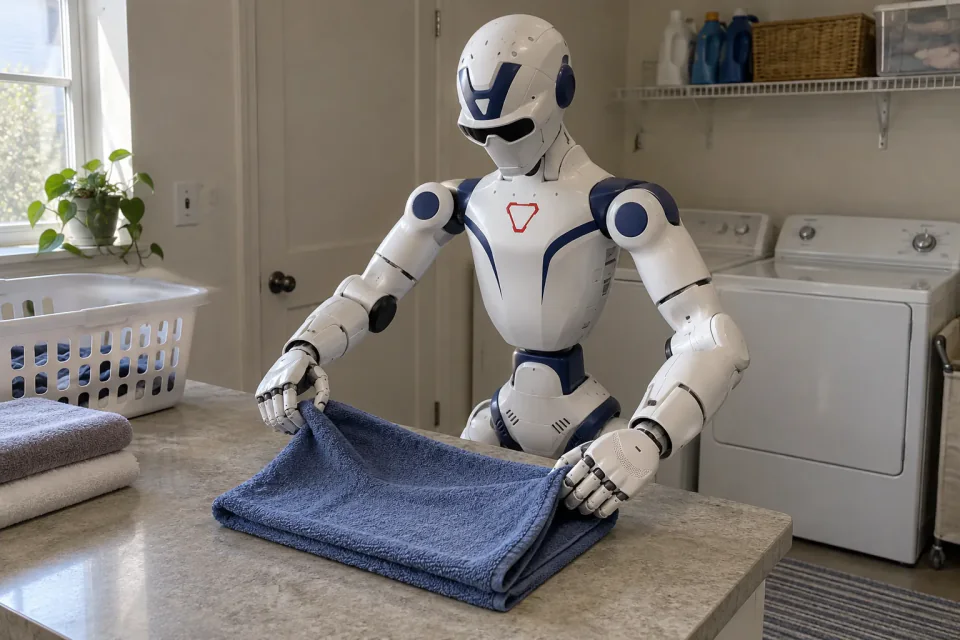 A humanoid robot folding a towel in a laundry room