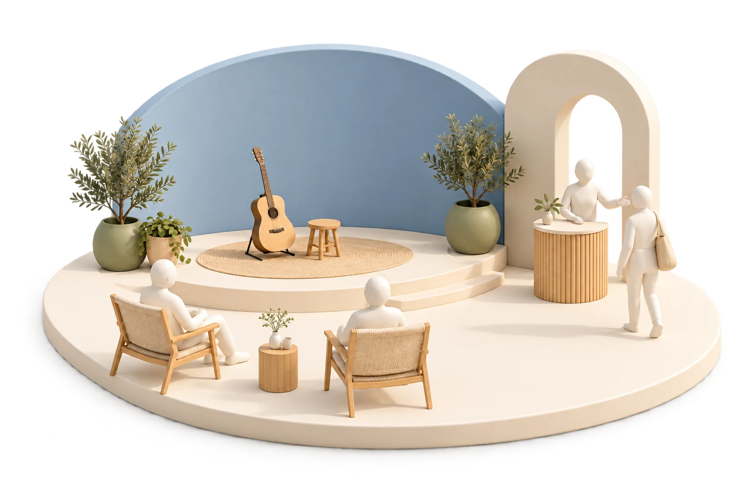 Soft 3D illustration of a small event stage, seated guests, and a host welcoming an arrival