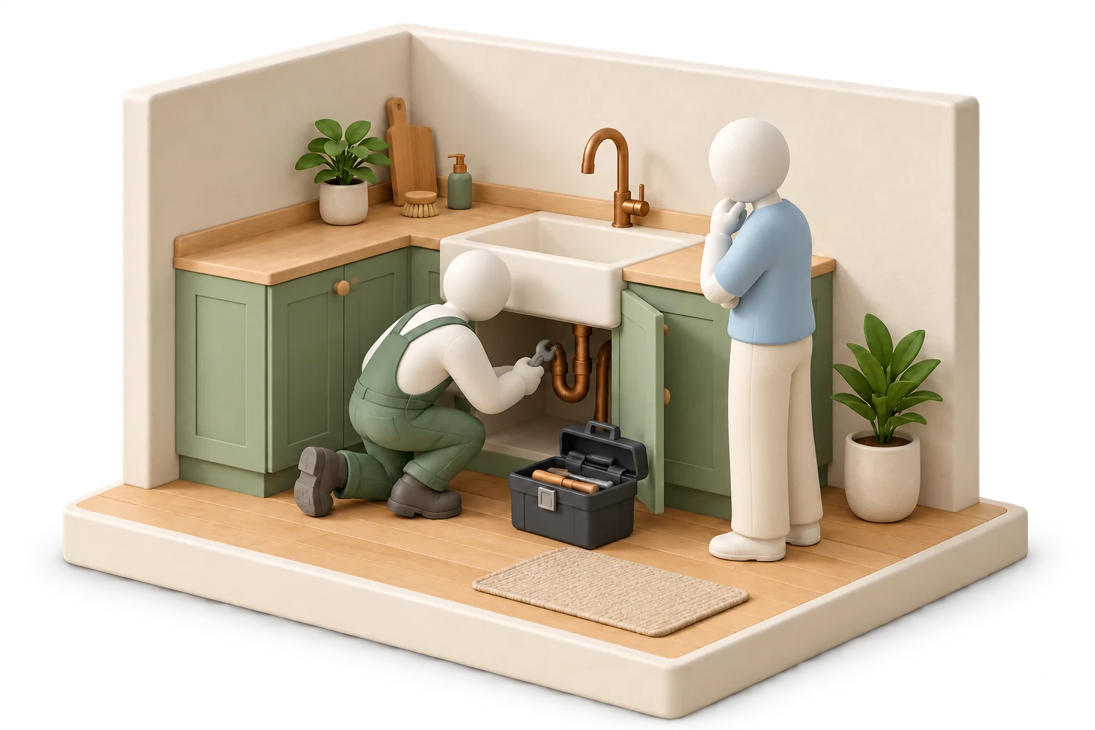 Soft 3D illustration of a tradesperson repairing a sink while a homeowner stands nearby