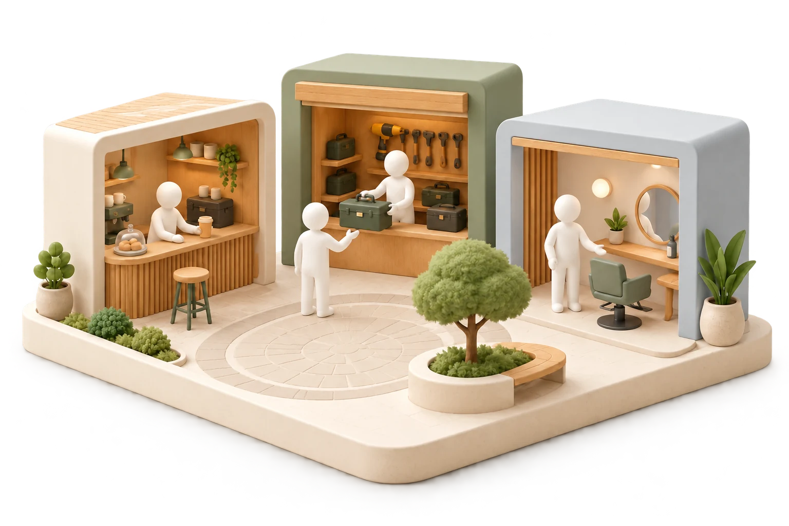 Soft 3D illustration of a compact café, tool rental counter, and appointment studio with customers and business owners