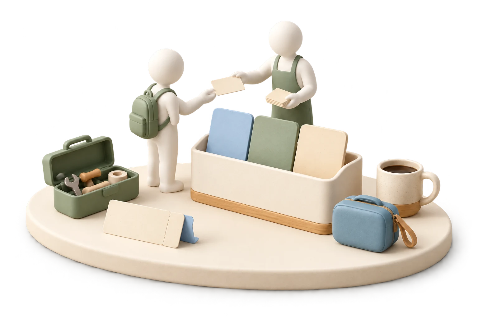 Soft 3D illustration of a customer and provider with a physical organizer, toolbox, rental case, ticket, and coffee cup