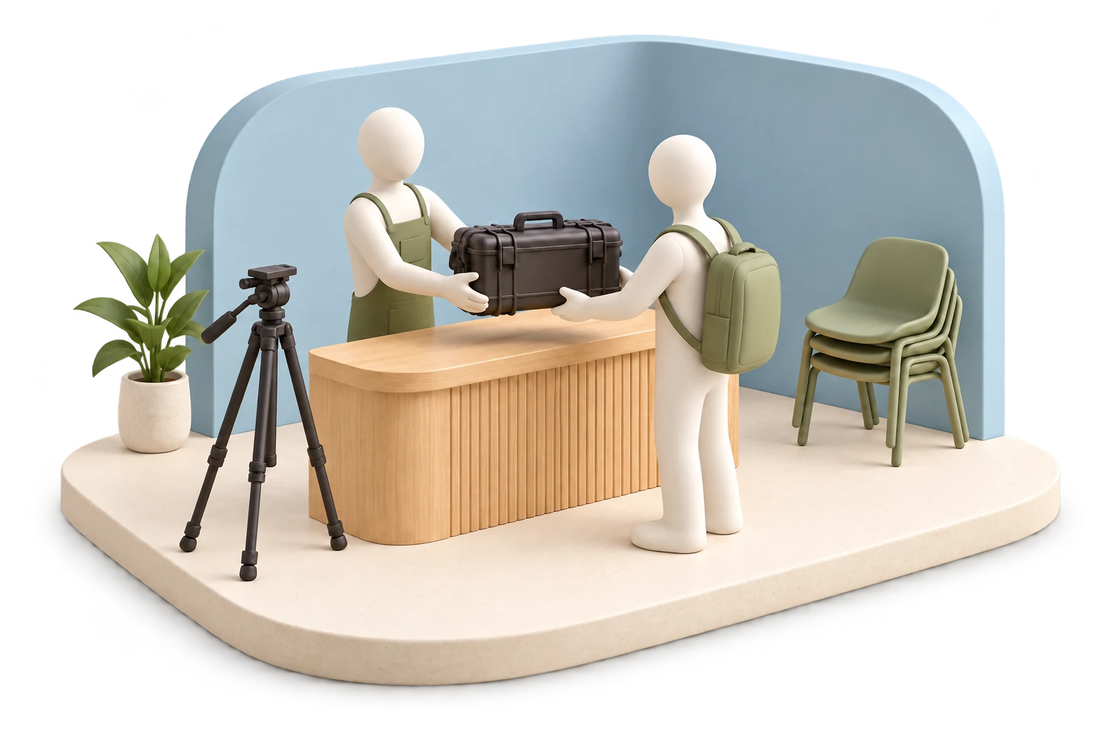 Soft 3D illustration of a rental business owner handing a protective camera case to a customer